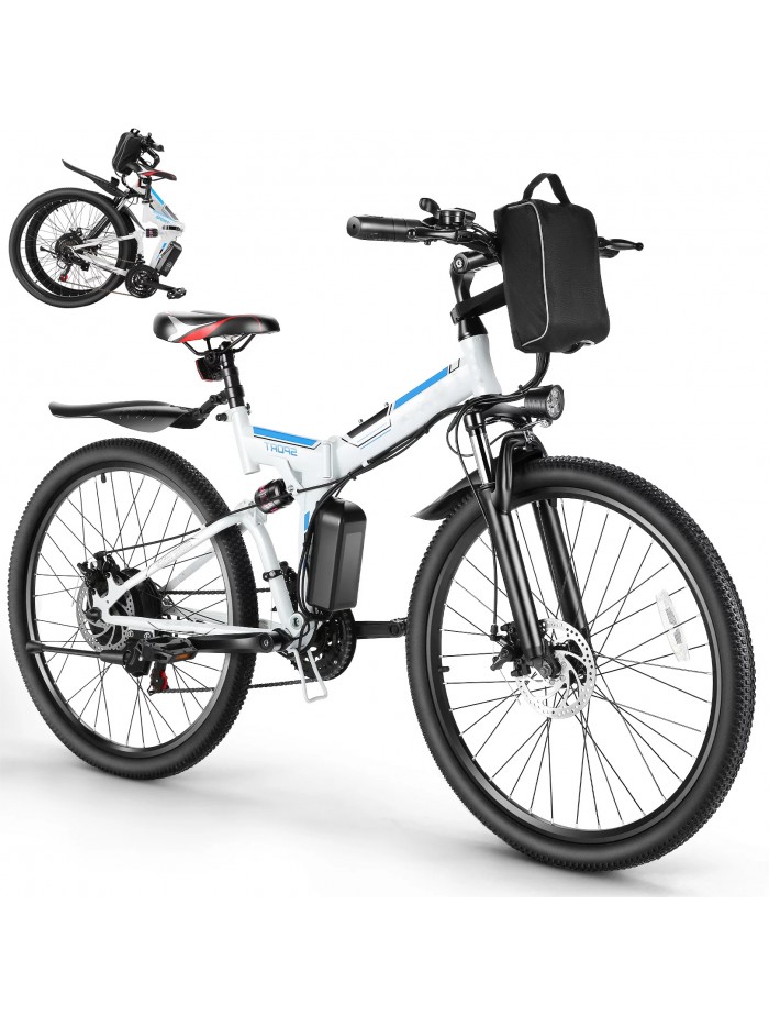 Gocio 26" 500W Folding Electric Bike, 374.4Wh Removable Battery Electric Mountain Bicycle, 19Mph 50Miles Commuter Electric Bike for Men Adults, Shimano 21 Speed Gears Suspension Fork Electric Bicycle