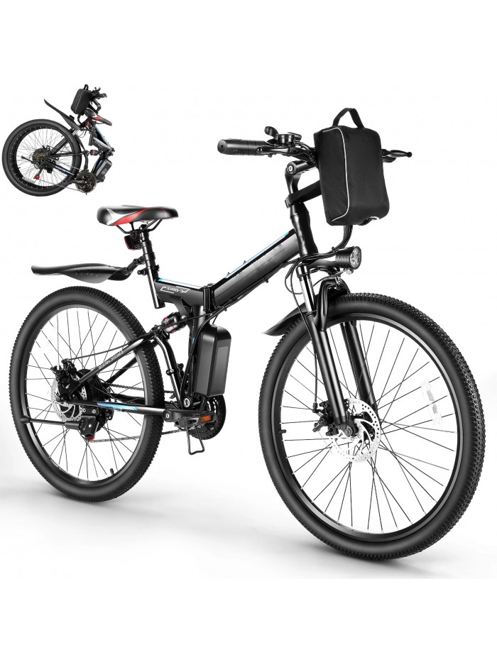 Gocio 26" 500W Folding Electric Bike, 374.4Wh Removable Battery Electric Mountain Bicycle, 19Mph 50Miles Commuter Electric Bike for Men Adults, Shimano 21 Speed Gears Suspension Fork Electric Bicycle