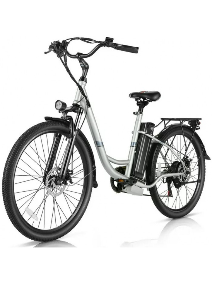 Gocio 26" 500W Electric Bike for Adults, 19MPH/50Miles Electric City Bicycle with Removable 374.4Wh Battery for Low-Step Women Electric Bike, Shimano 7-Speed & Suspension Fork Silver Commuter Ebicycle
