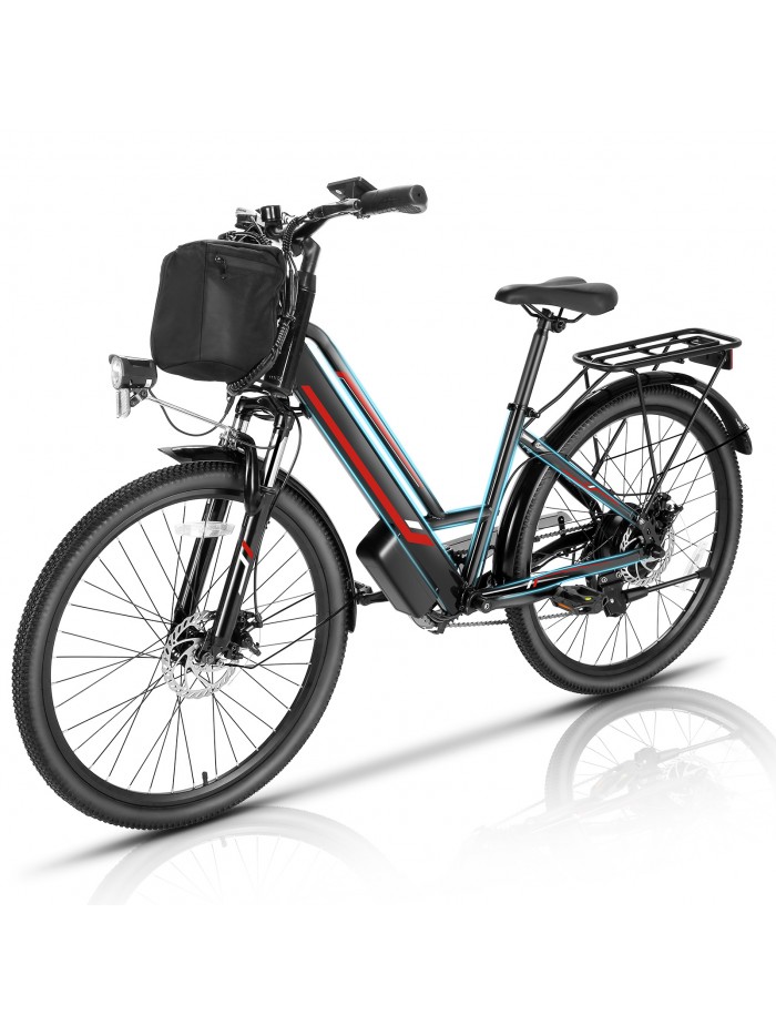 Elifine 500W Electric Bike for Adults, 26" Commuter Electric Bicycle 19.8 Mph City Ebike with 5 Modes, 48V 7.8Ah Removable Battery UL 2849, Shimano 7 Speeds Hybrid Electric Bike Red