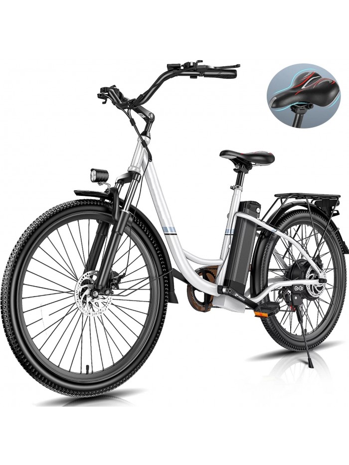 Elifine 26" 500W Electric Bike for Adults, 48V 7.8Ah Removable Battery City Ebike Adult, Cruise Control Mode, Low-Step Thru Hybrid Electric Cruiser Bicycle, Shimano 7 Speed Commuter E-Bikes