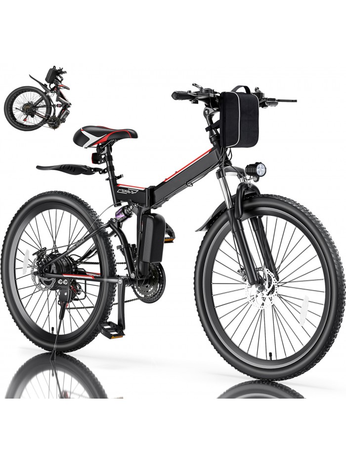 Elifine 500W 26" Electric Bike Folding Electric Mountain Bike, 48V 7.8Ah Battery Foldable Ebike, 21 Speed, Full Suspension Commuter E-bikes for Adults Women Men with 5 Riding
