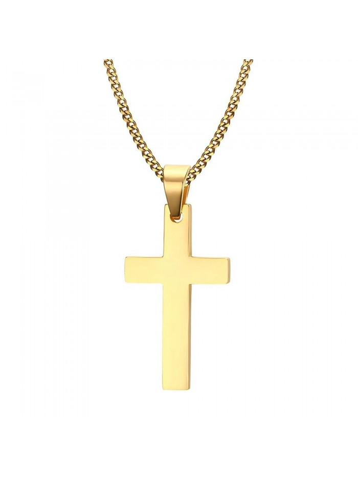 Cross Necklace for Men Figaro Chain Stainless Steel Plain Polished Cross Pendant Necklace Simple Faith Jewelry Gift for Boy Women Girls