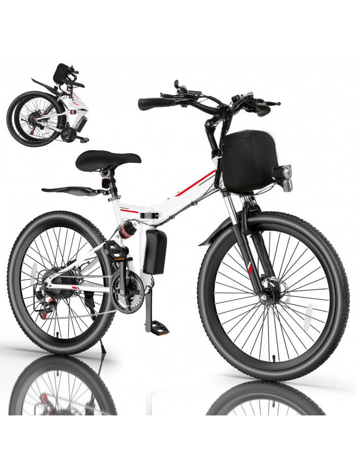 Elifine 500W 26" Electric Bike Folding Electric Mountain Bike, 48V 7.8Ah Battery Foldable Ebike, 21 Speed, Full Suspension Commuter E-bikes for Adults Women Men with 5 Riding Modes