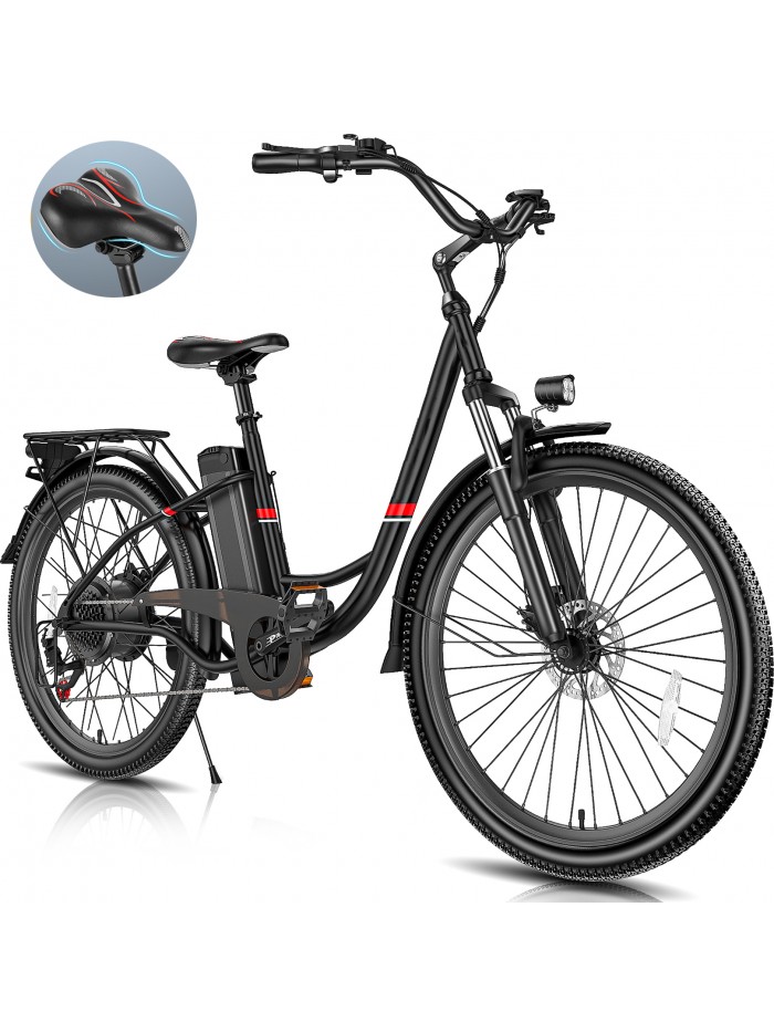 Elifine 26" Electric Bike, 500W Adult Electric City Bike with 48V 7.8Ah 374.4Wh Lithium Battery, Low-Step Thru Hybrid Cruiser Electric Bicycle, Shimano 7 Speed Commuter Ebike for Adults Women,5 Modes