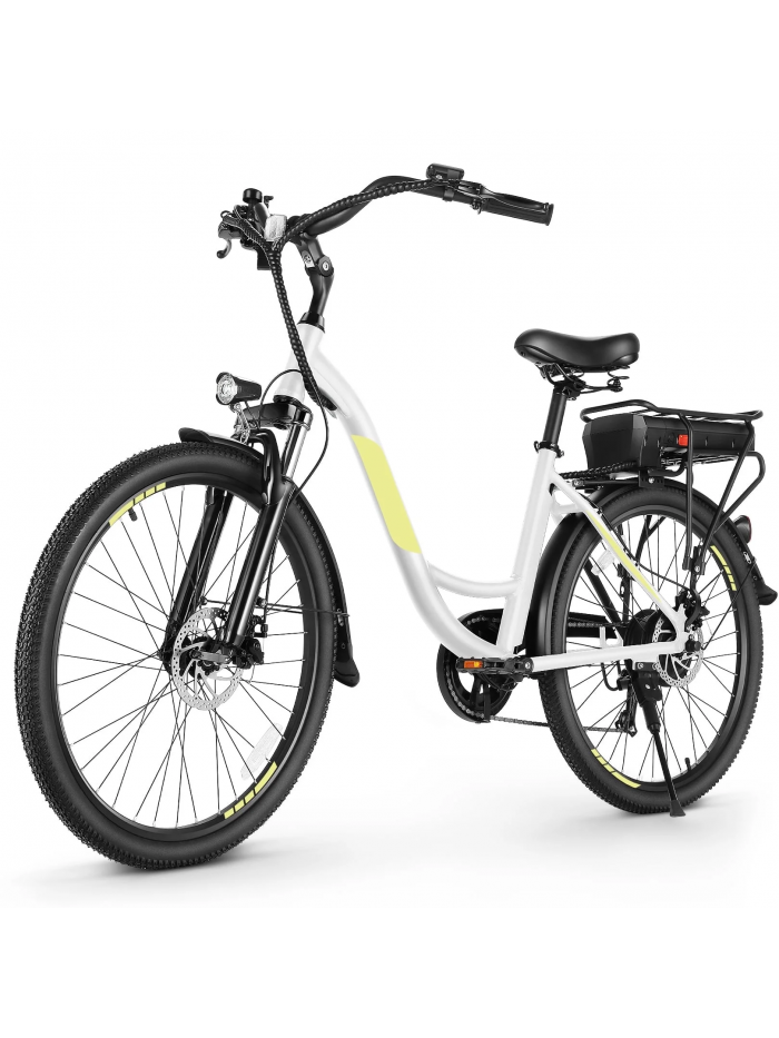 Elifine 26" Electric Bike, Peak 700W Electric Commuter Bike, 48V 10.4Ah Battery, Electric Cruiser Bike with 5 Riding Modes, Headlight, Rear Rack, 7 Speeds, Step Through Ebike for Women, Men, UL2849 White