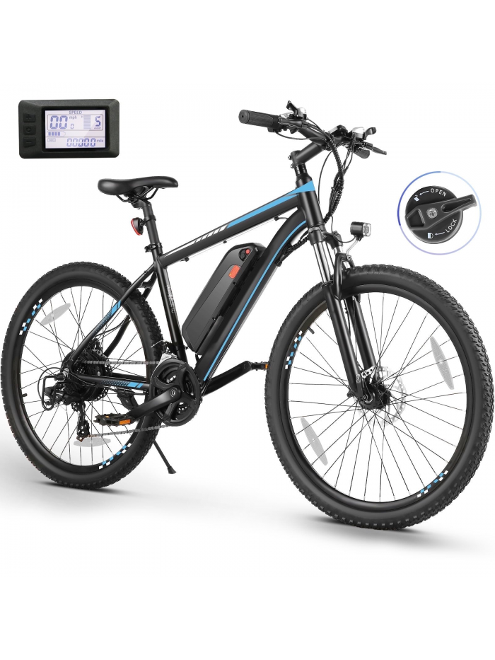Elifine 500W 26" Electric Bike, 2.1" Electric Mountain Bicycle for Adults, 499Wh 48V 10.4Ah Battery 19.8MPH 60Miles 3H Fast Charge Ebike, LCD, Lockable Suspension Fork, Shimano 21 Speed