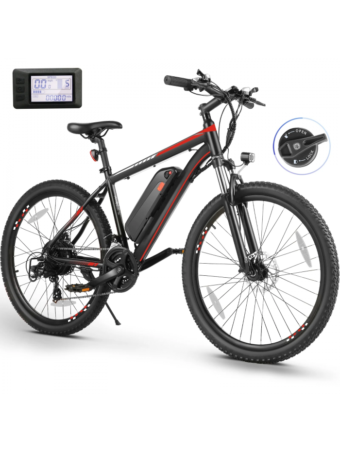 Elifine 500W 26" Electric Bike, 2.1" Electric Mountain Bicycle for Adults, 499Wh 48V 10.4Ah Battery 19.8MPH 60Miles 3H Fast Charge Ebike