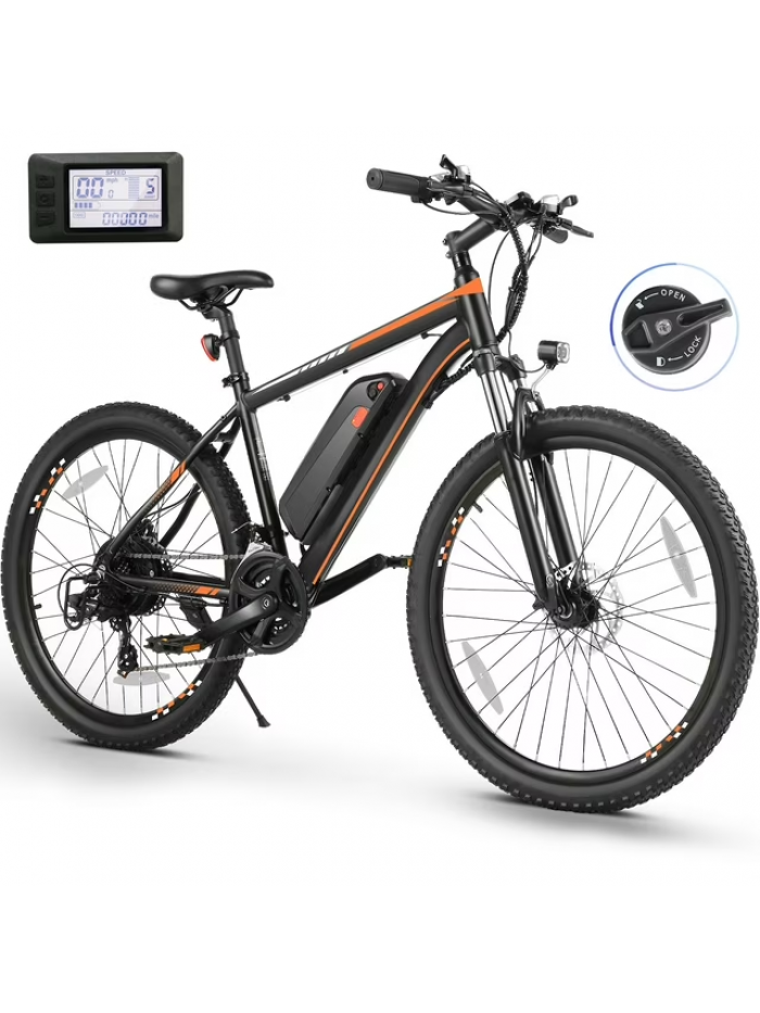 Elifine 500W 26" Electric Bike, 2.1" Electric Mountain Bicycle for Adults, 499Wh 48V 10.4Ah Battery 19.8MPH 60Miles 3H Fast Charge Ebike, LCD, Lockable Suspension Fork, Shimano