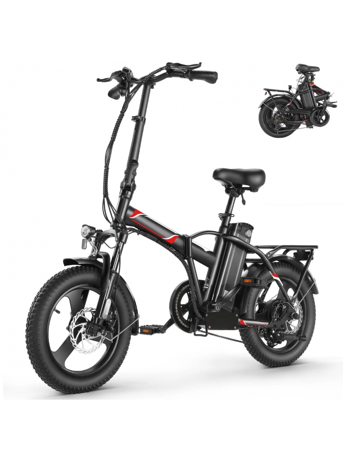 Elifine Peak 700W Electric Bike, 16" x 3.0 One-Piece Fat Tire Foldable Electric Bicycle for Adults Women, 48V 374.4Wh Removable Battery EBikes, 20MPH Commuter E Bike for Teenager UL 2849