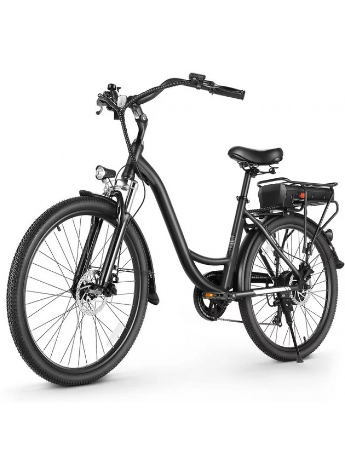 26" Low-Frame Electric Bike for Adults with Powerful 350W Motor, Long-lasting 48V 10.4Ah Battery, LCD Display, Shimano 7 Speeds, and 5 Riding Modes Commuter Ebike, City Cruiser - Black