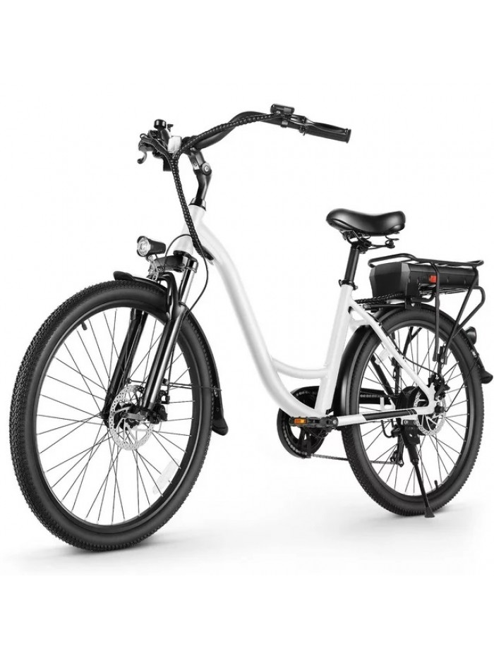 26" Low-Frame Electric Bike for Adults with Powerful 350W Motor, Long-lasting 48V 10.4Ah Battery, LCD Display, Shimano 7 Speeds, and 5 Riding Modes Commuter Ebike, City Cruiser - White